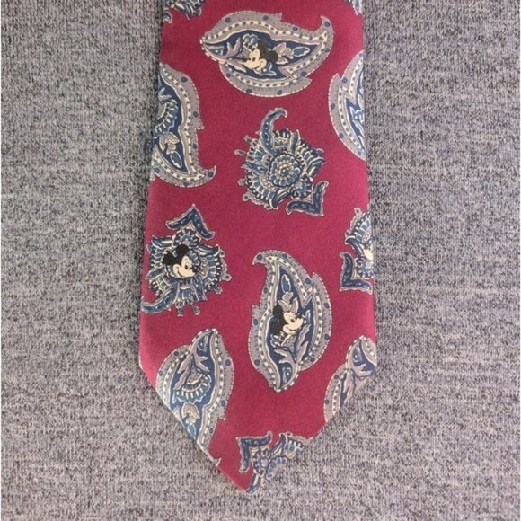 Vintage Disney Silk Tie, Red/Blue Paisley Pattern with Mickey Mouse - Picture 2 of 4
